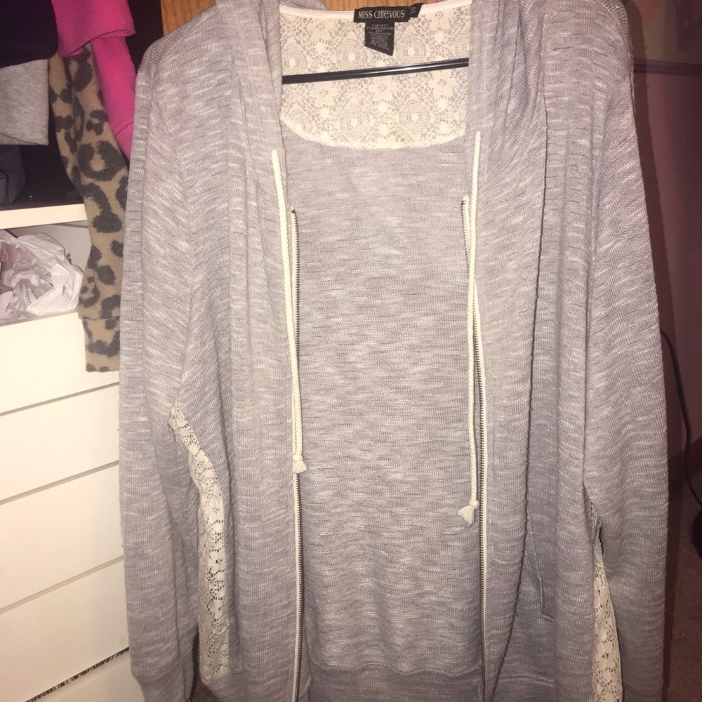 Gray lace zip up sweater